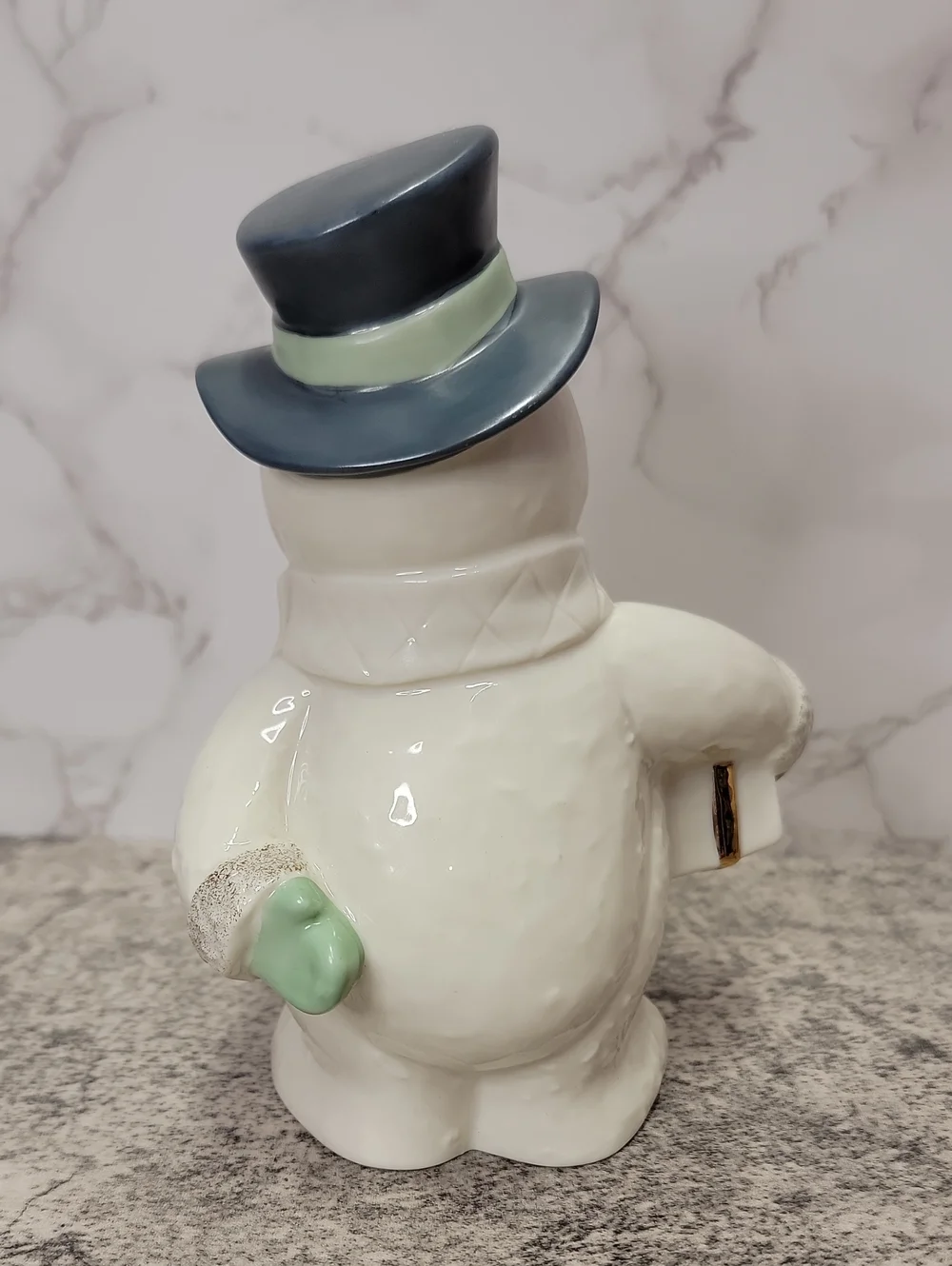 Lenox Frosty Snowman Figurine With Blue / Gray Hat Gold Trim Holding Present